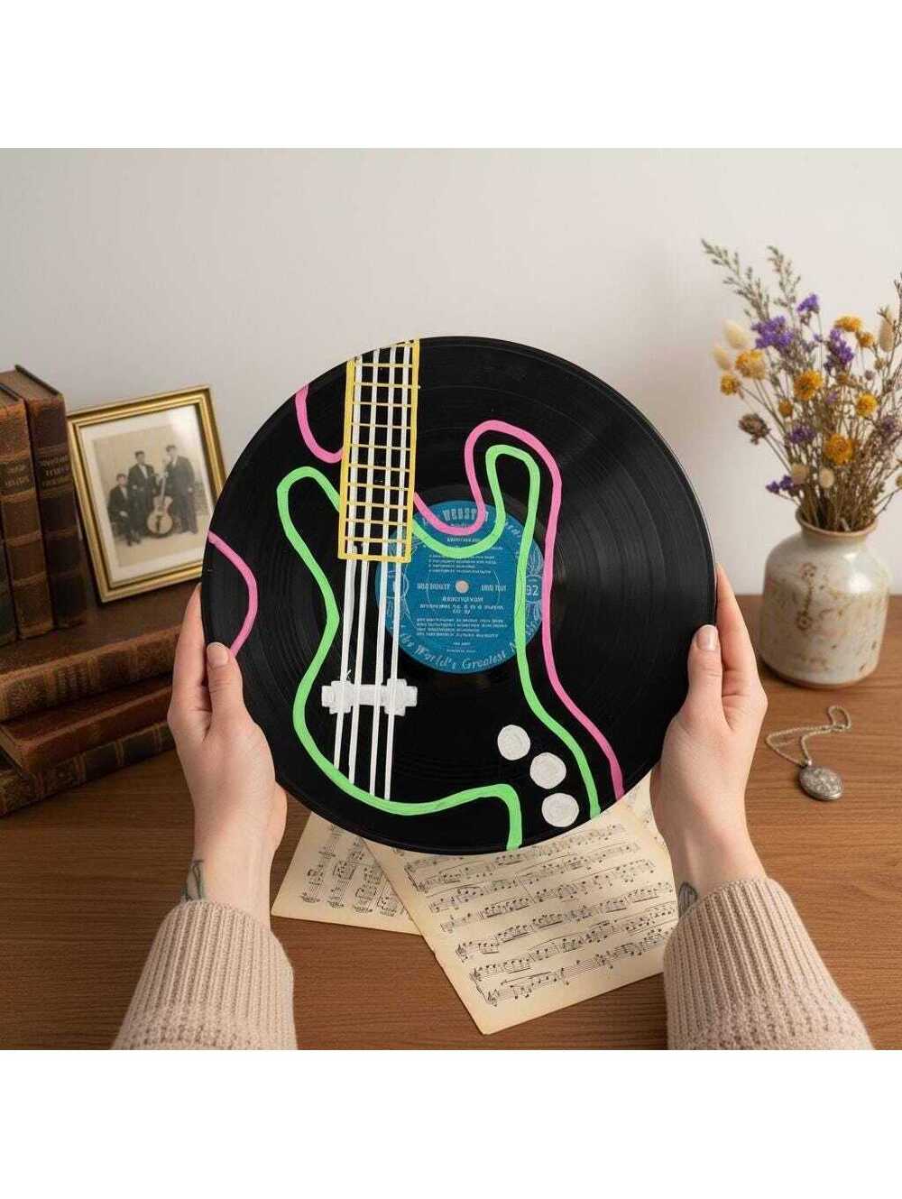 Hand Painted Vinyl Record Art – Abstract Guitar, Music Lover Gift